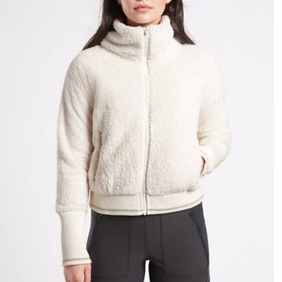 Athleta Fleece Jacket XL Tugga Sherpa Ivory Cream Full Zip Cozy Teddy Pockets - Picture 13 of 15